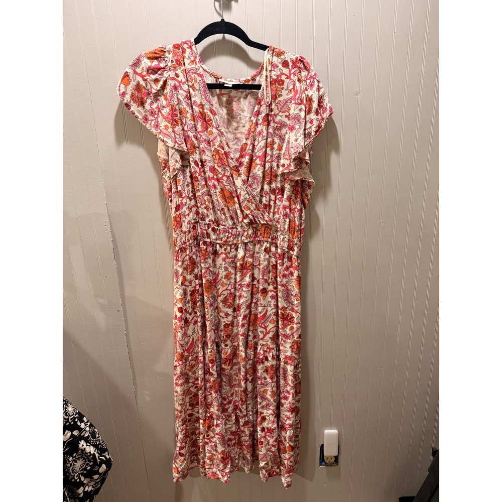 Knox Rose Floral Wrap Midi Dress Pink Orange Flutter Sleeve Boho Womens Large‎